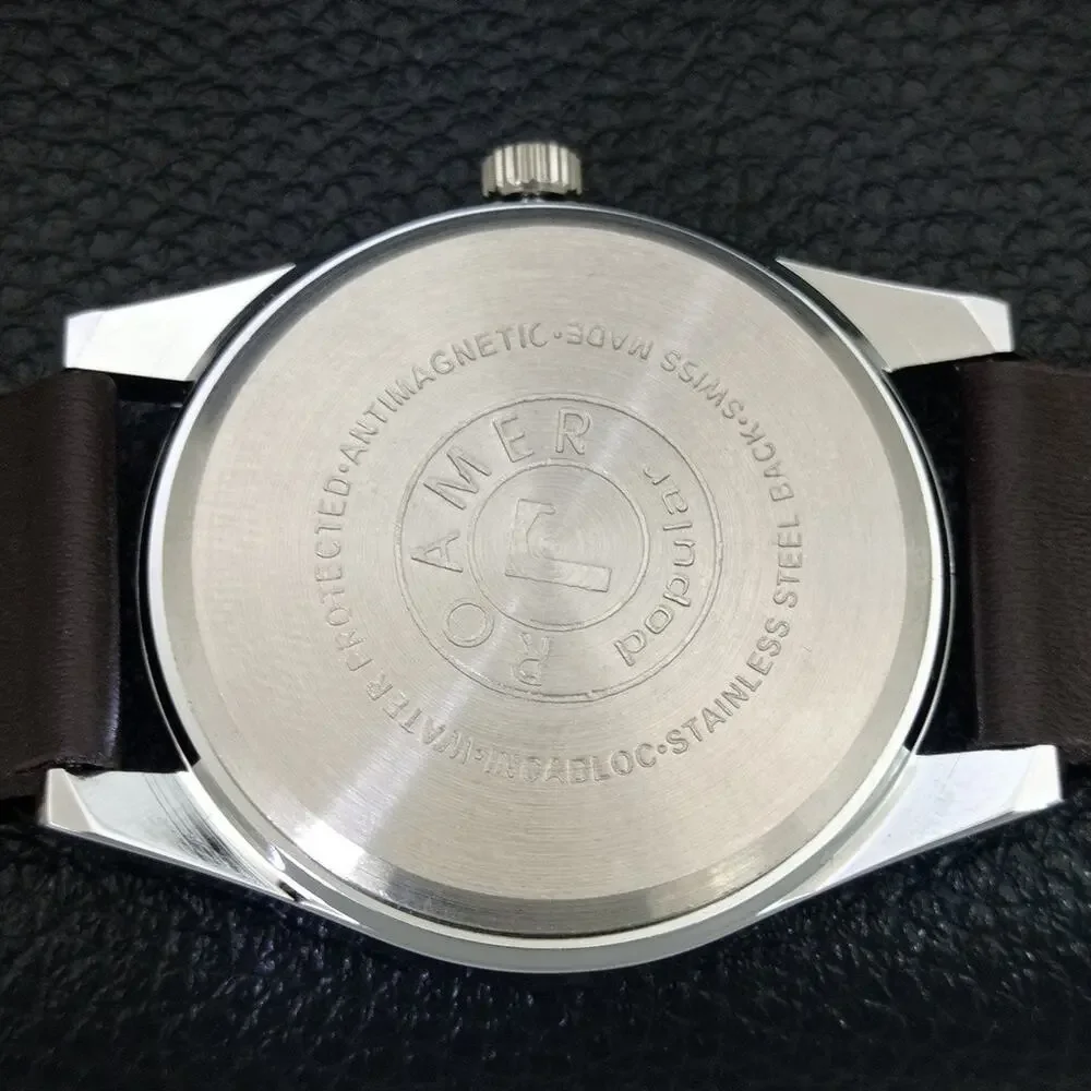 Vintage 1975 Roamer Manual Mens Silver Watch W/Leather Strap & Red accents